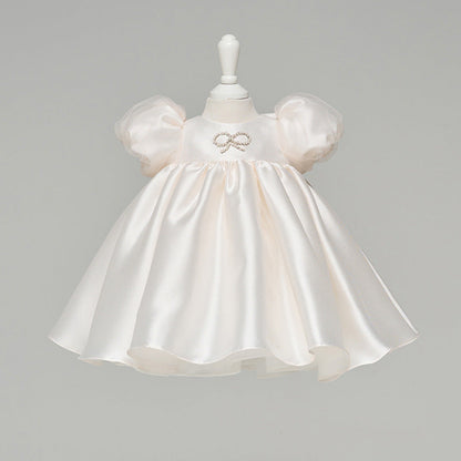 Ivory Satin Flower Girl Dress with Ruffles and Beaded Details