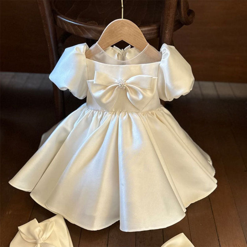 Ivory Satin Princess Dress with Bow for Girls | Illusion Neckline Special Occasion Dress