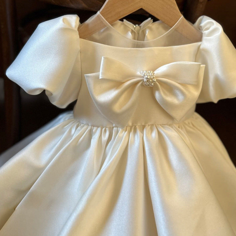 Ivory Satin Princess Dress with Bow for Girls | Illusion Neckline Special Occasion Dress