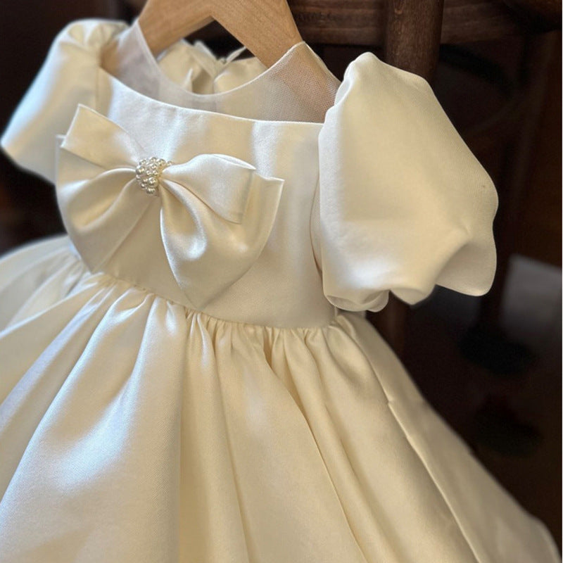 Ivory Satin Princess Dress with Bow for Girls | Illusion Neckline Special Occasion Dress