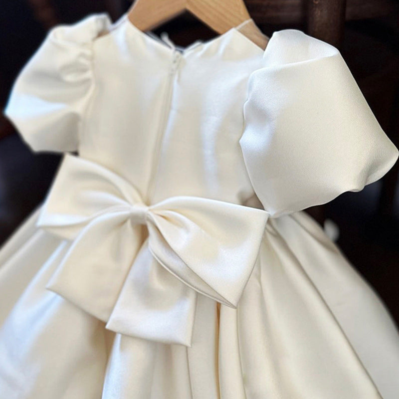 Ivory Satin Princess Dress with Bow for Girls | Illusion Neckline Special Occasion Dress