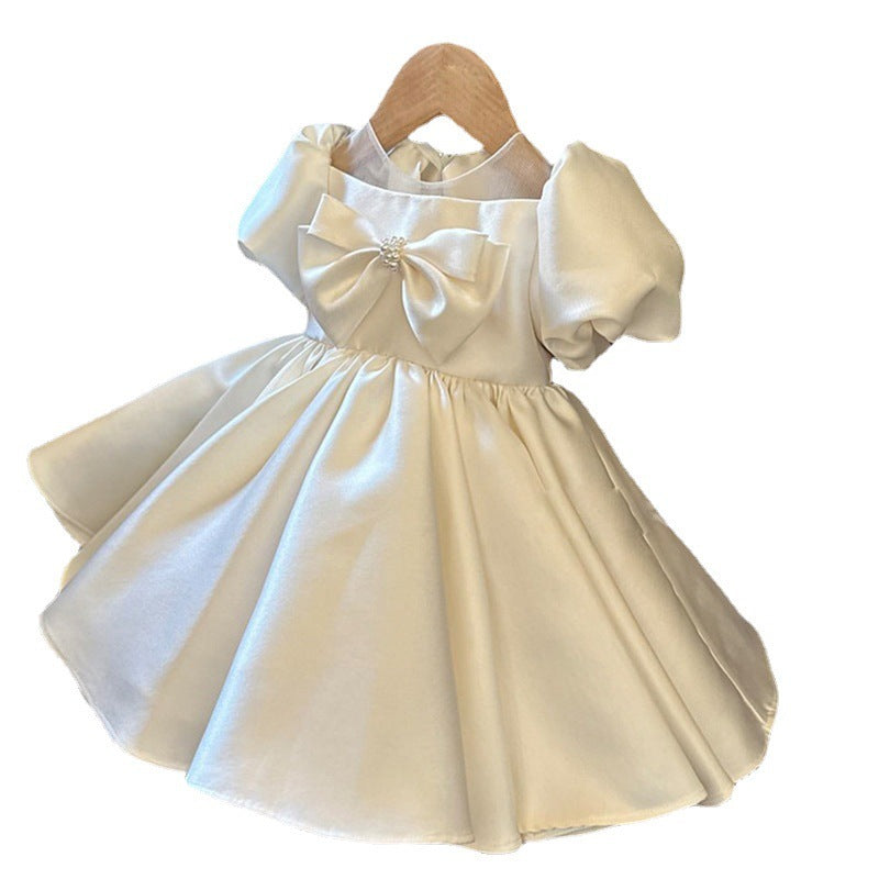 Ivory Satin Princess Dress with Bow for Girls | Illusion Neckline Special Occasion Dress