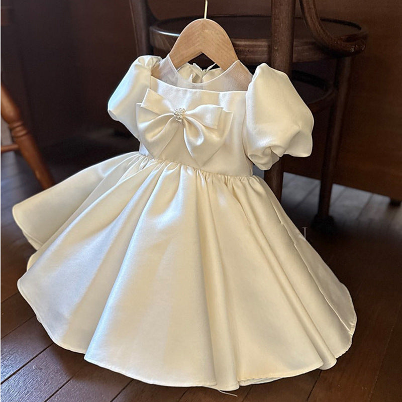 Ivory Satin Princess Dress with Bow for Girls | Illusion Neckline Special Occasion Dress