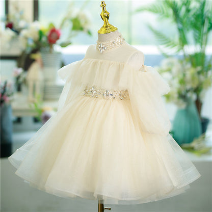 Ivory Sequin A-Line Flower Girl Dress Mock Neck Cold Shoulder
