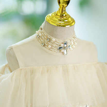Ivory Sequin A-Line Flower Girl Dress Mock Neck Cold Shoulder