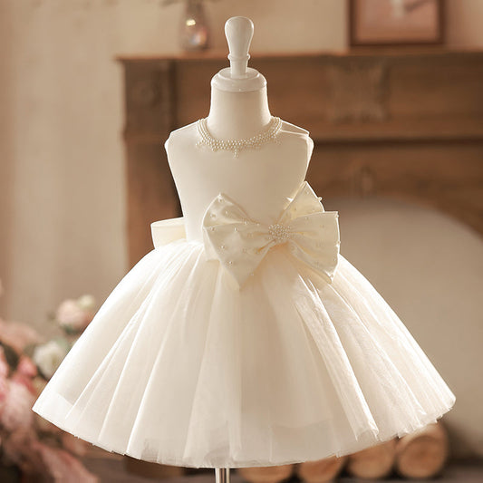 Ivory Ball Gown Sleeveless Flower Girl Dress with Bow & Pearls | Ages 12M-8Y