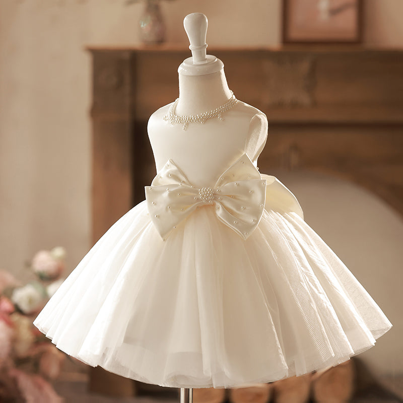 Ivory Ball Gown Sleeveless Flower Girl Dress with Bow & Pearls | Ages 12M-8Y