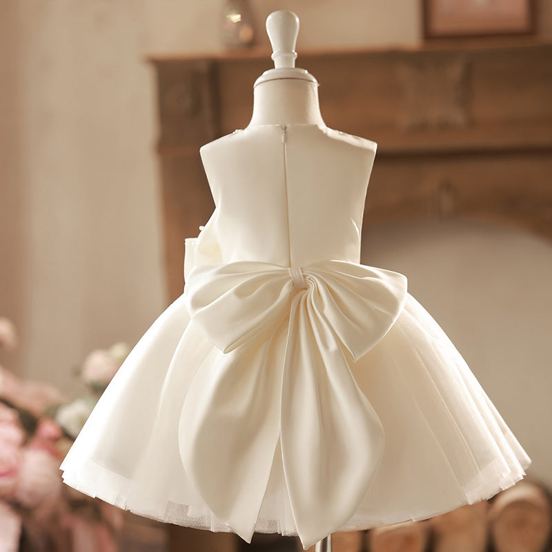 Ivory Ball Gown Sleeveless Flower Girl Dress with Bow & Pearls | Ages 12M-8Y