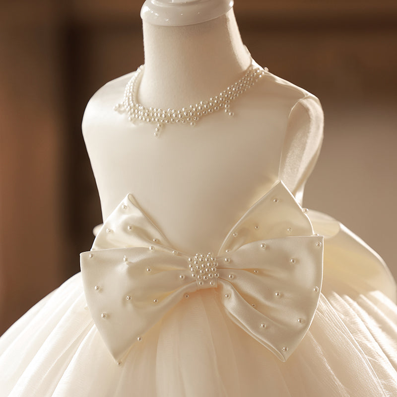 Ivory Ball Gown Sleeveless Flower Girl Dress with Bow & Pearls | Ages 12M-8Y