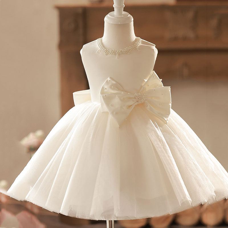 Ivory Ball Gown Sleeveless Flower Girl Dress with Bow & Pearls | Ages 12M-8Y