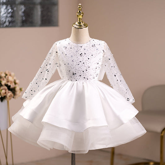 Girls Ball Gown Sequin Dress with Long Sleeves & Tiered Skirt – Party & Special Occasion