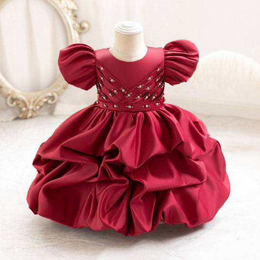 Knee-Length Satin Flower Girl Dress with Puff Sleeves and Bow