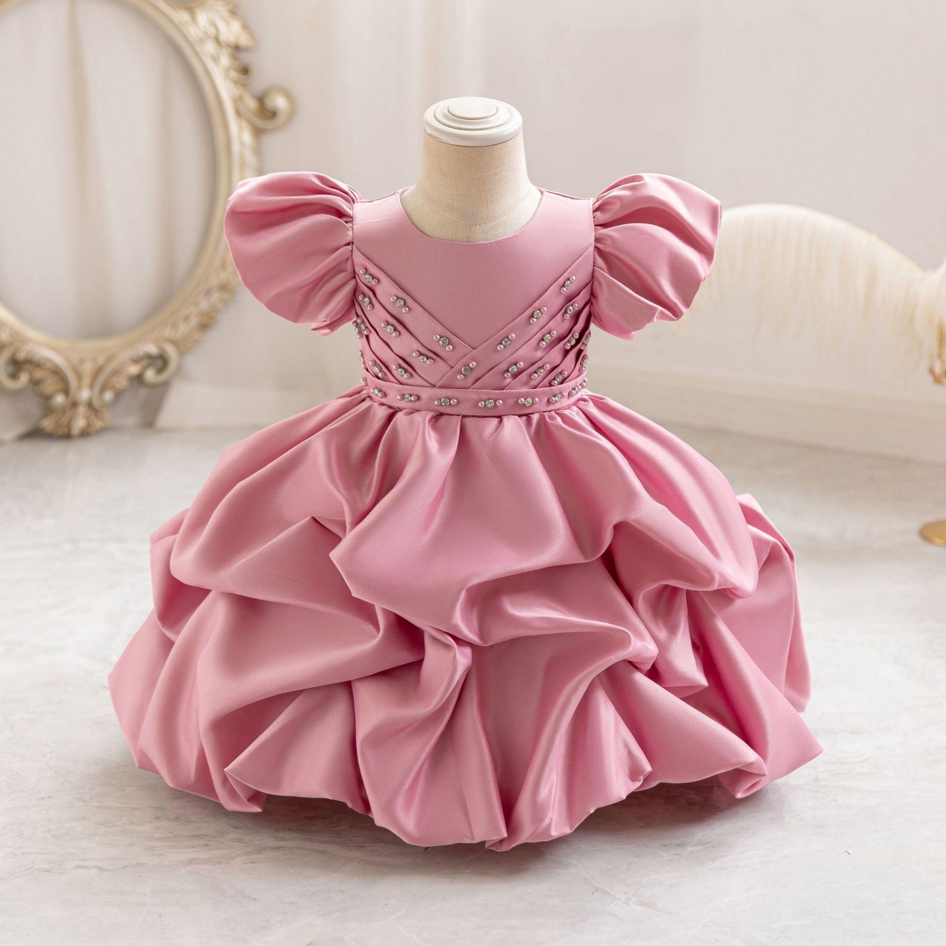 Knee-Length Satin Flower Girl Dress with Puff Sleeves and Bow