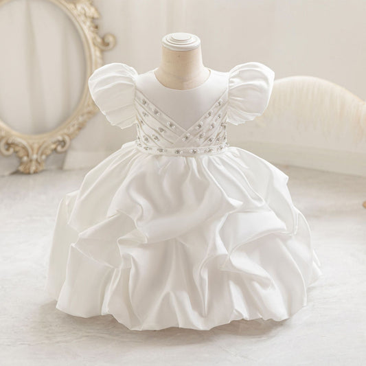 Knee-Length Satin Flower Girl Dress with Puff Sleeves and Bow