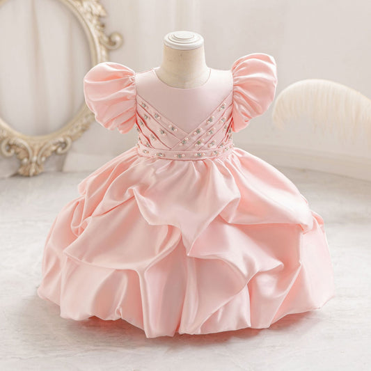 Knee-Length Satin Flower Girl Dress with Puff Sleeves and Bow