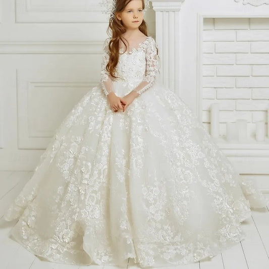 Ivory Lace Long Sleeve Flower Girl Dress for Special Occasions | Floor-Length V-Neck Formal Dress