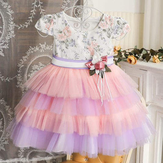 Lace Tulle A-Line Flower Girl Dress Cap Sleeve Knee