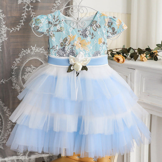 Lace Tulle A-Line Flower Girl Dress Cap Sleeve Knee