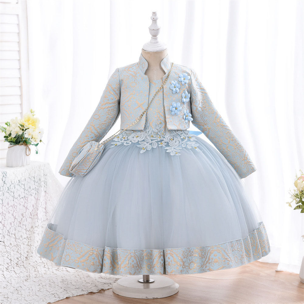 Lace Tulle Princess Flower Girl Dress Long Sleeves Flowers