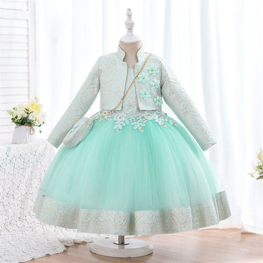 Lace Tulle Princess Flower Girl Dress Long Sleeves Flowers