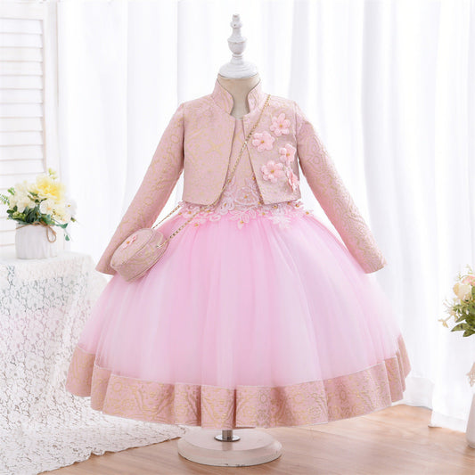 Lace Tulle Princess Flower Girl Dress Long Sleeves Flowers