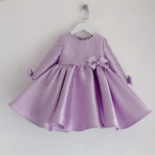Lavender A-Line Satin Flower Girl Dress with Pearl Bow for Special Occasions