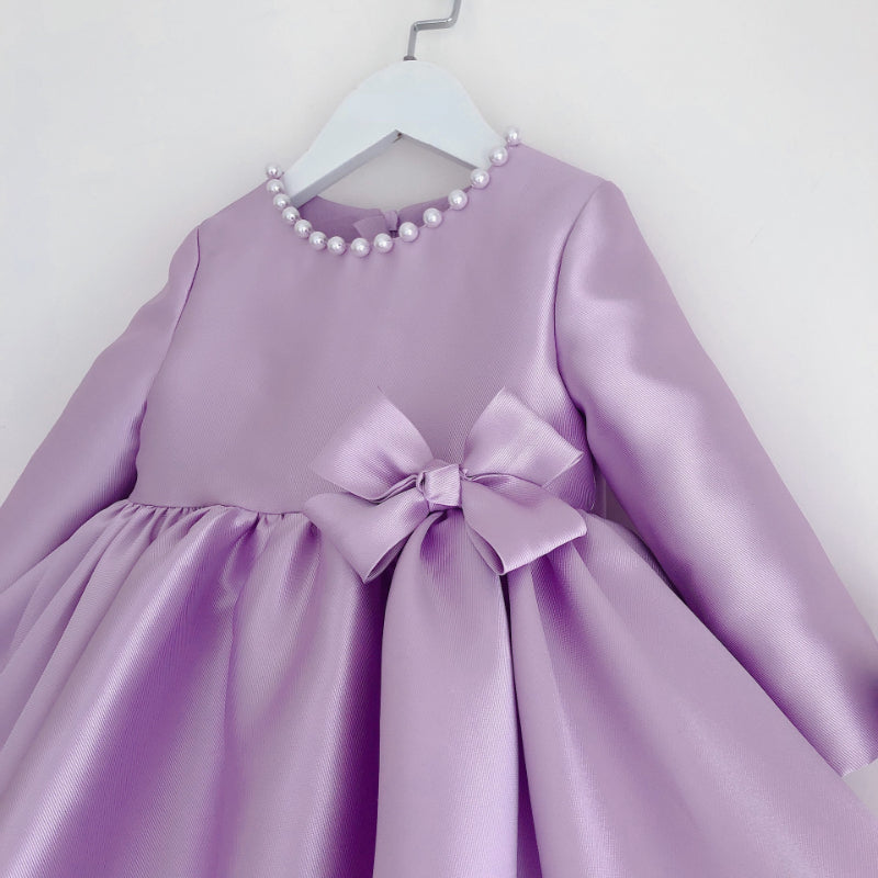 Lavender A-Line Satin Flower Girl Dress with Pearl Bow for Special Occasions