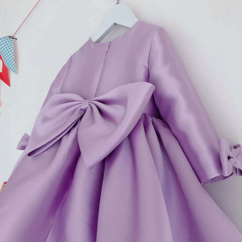 Lavender A-Line Satin Flower Girl Dress with Pearl Bow for Special Occasions