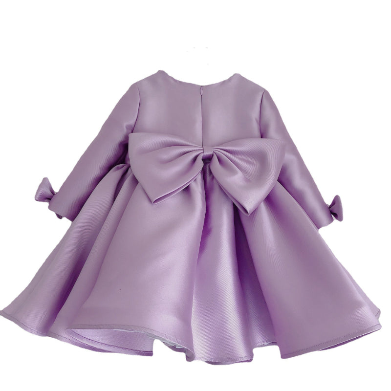 Lavender A-Line Satin Flower Girl Dress with Pearl Bow for Special Occasions