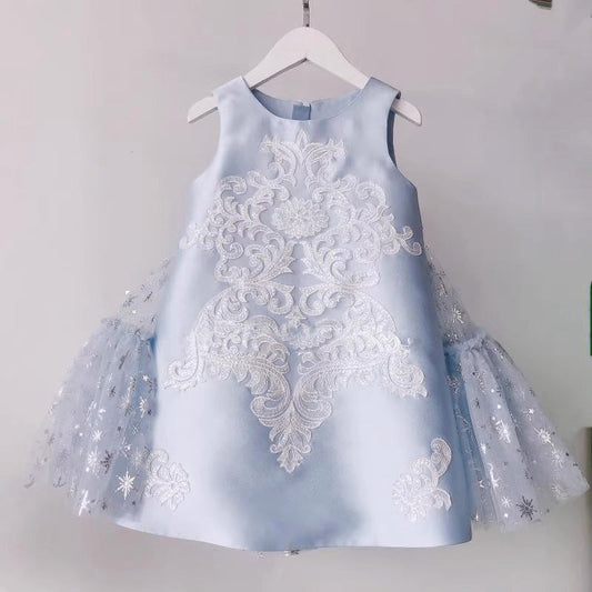 Light Blue Floral Embroidered A-Line Flower Girl Dress for Toddlers | Birthday & Party Outfit