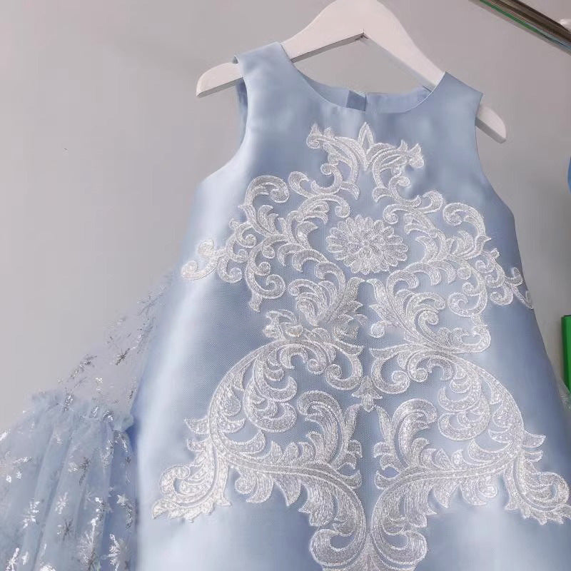 Light Blue Floral Embroidered A-Line Flower Girl Dress for Toddlers | Birthday & Party Outfit