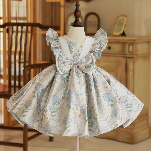 Light Blue Floral Print Satin Princess Dress for Girls - Birthday, Wedding & Party Wear