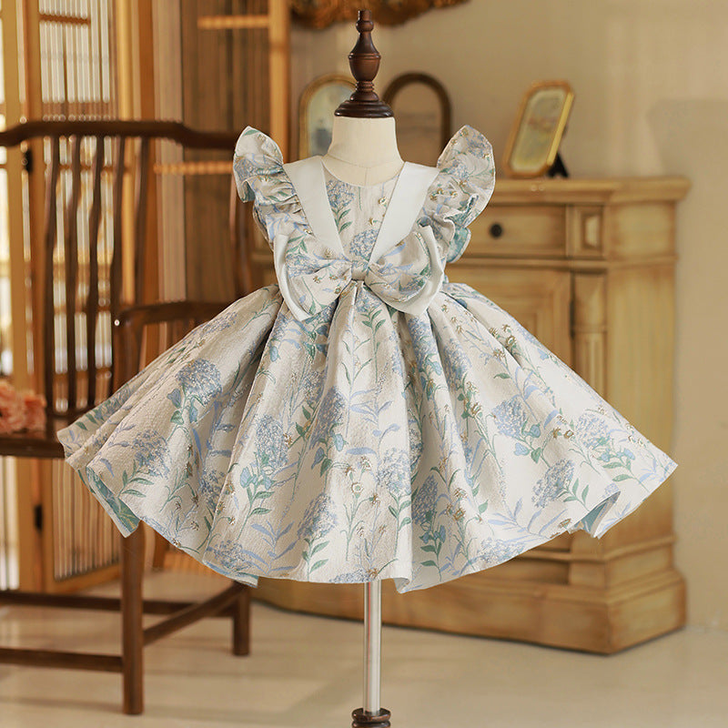 Light Blue Floral Print Satin Princess Dress for Girls - Birthday, Wedding & Party Wear