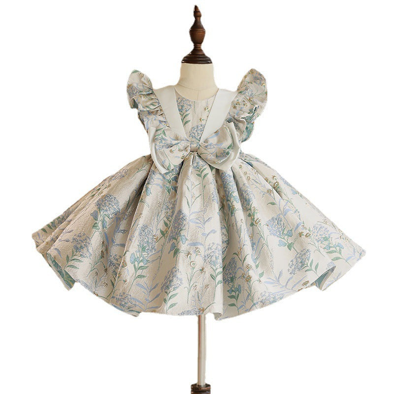 Light Blue Floral Print Satin Princess Dress for Girls - Birthday, Wedding & Party Wear