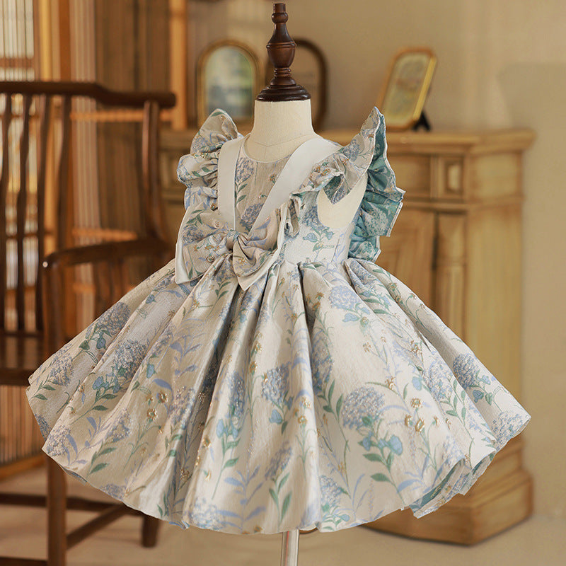 Light Blue Floral Print Satin Princess Dress for Girls - Birthday, Wedding & Party Wear