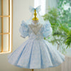 Light Blue Pearl Neckline Floral Princess Dress for Girls