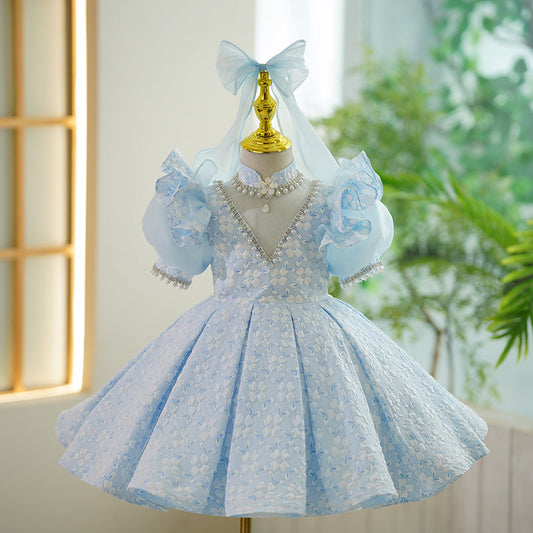 Light Blue Floral Beaded Princess Dress for Girls | Puff Sleeve Special Occasion Dress