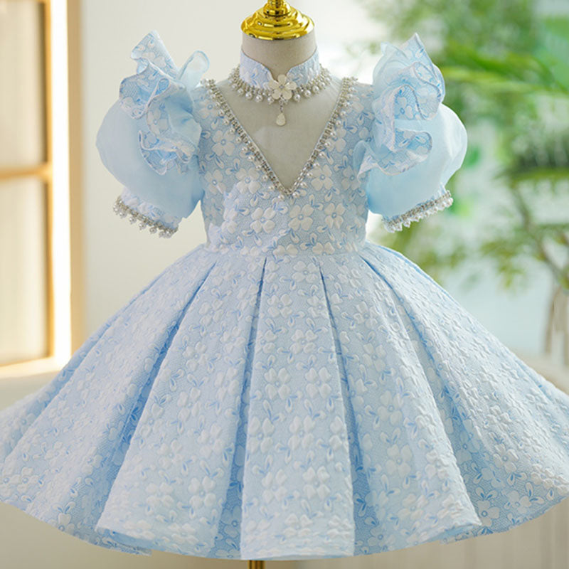 Light Blue Floral Beaded Princess Dress for Girls | Puff Sleeve Special Occasion Dress