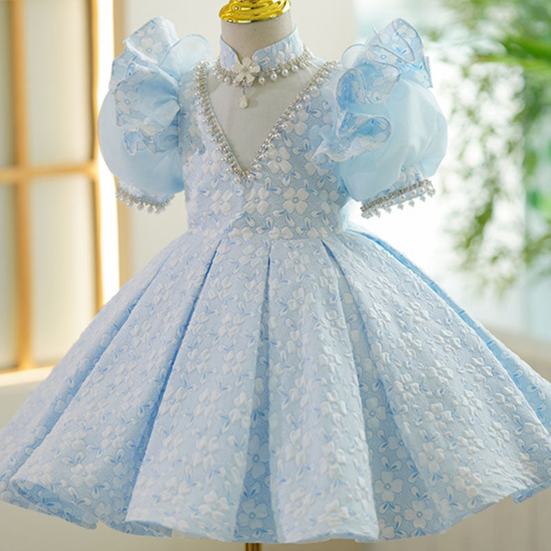 Light Blue Floral Beaded Princess Dress for Girls | Puff Sleeve Special Occasion Dress