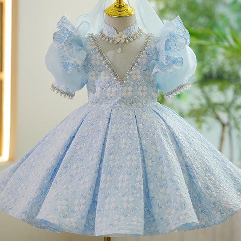 Light Blue Floral Beaded Princess Dress for Girls | Puff Sleeve Special Occasion Dress