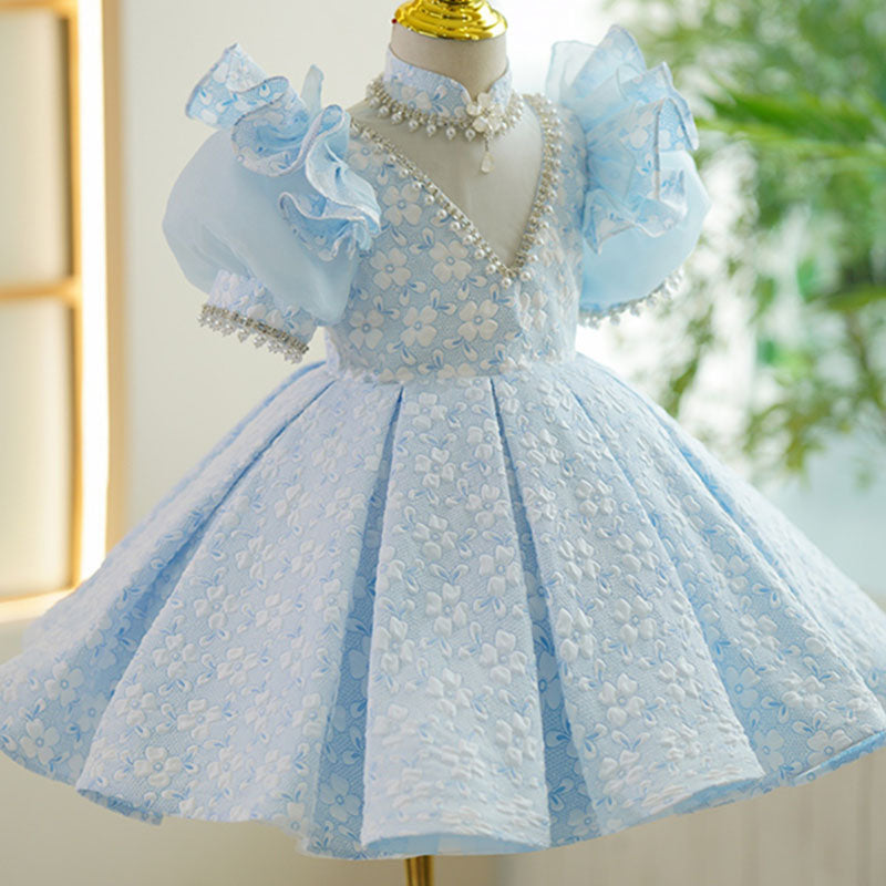 Light Blue Floral Beaded Princess Dress for Girls | Puff Sleeve Special Occasion Dress