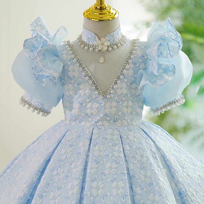 Light Blue Floral Beaded Princess Dress for Girls | Puff Sleeve Special Occasion Dress