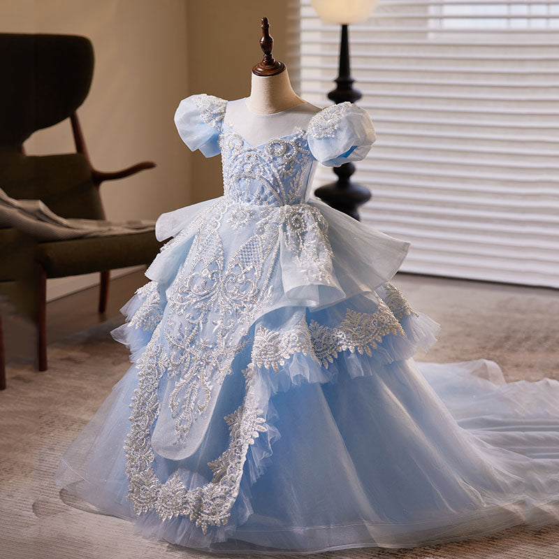 Light Blue Princess Tulle Dress with Lace & Sequins for Girls | Short Sleeve V-Neck Gown