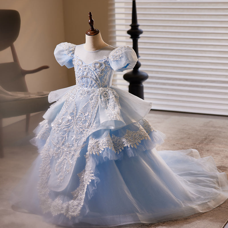Light Blue Princess Tulle Dress with Lace & Sequins for Girls | Short Sleeve V-Neck Gown