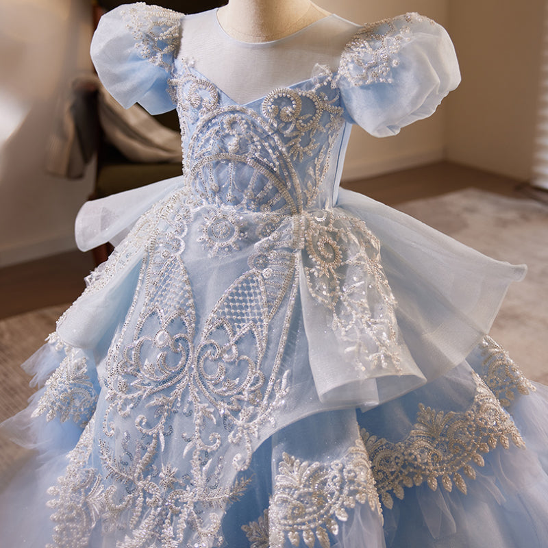 Light Blue Princess Tulle Dress with Lace & Sequins for Girls | Short Sleeve V-Neck Gown