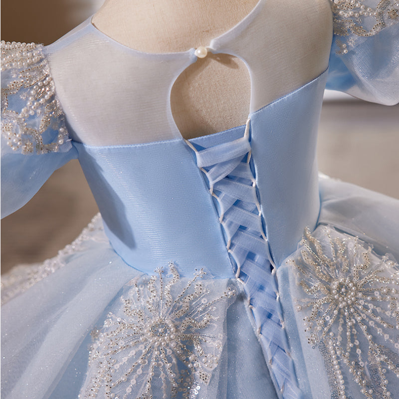 Light Blue Princess Tulle Dress with Lace & Sequins for Girls | Short Sleeve V-Neck Gown