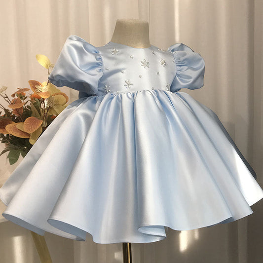 Light Blue Satin Ball Gown Princess Dress for Girls with Bows & Sequins