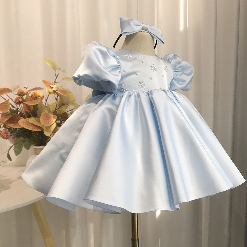 Light Blue Satin Ball Gown Princess Dress for Girls with Bows & Sequins