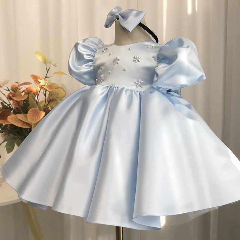 Light Blue Satin Ball Gown Princess Dress for Girls with Bows & Sequins