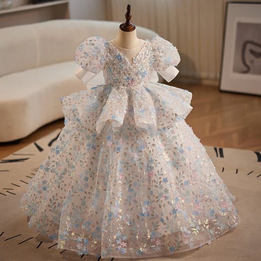 Light Blue Sequined Floral Ball Gown Dress for Girls - Special Occasion Princess Dress